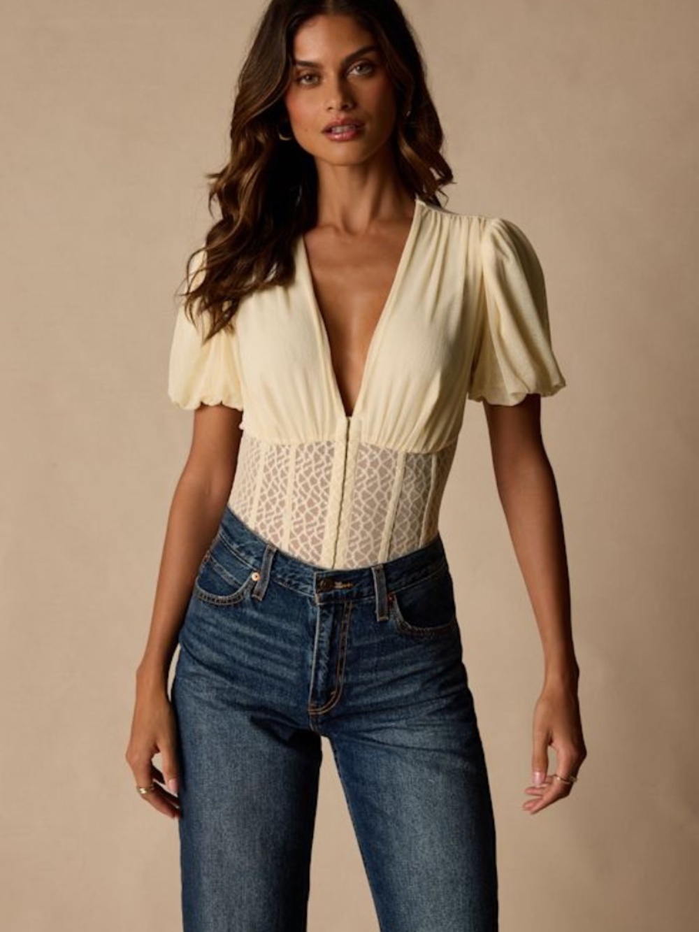 Lulus Properly Trendy Cream Mesh Puff Sleeve Bodysuit White - Size S